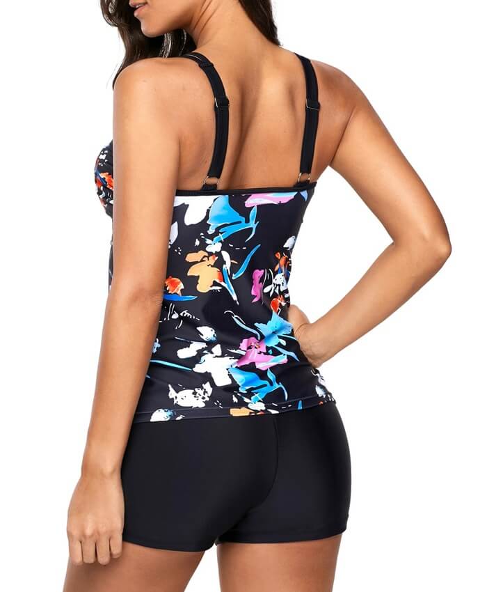 Double Strap Printed Black Tankini Set
